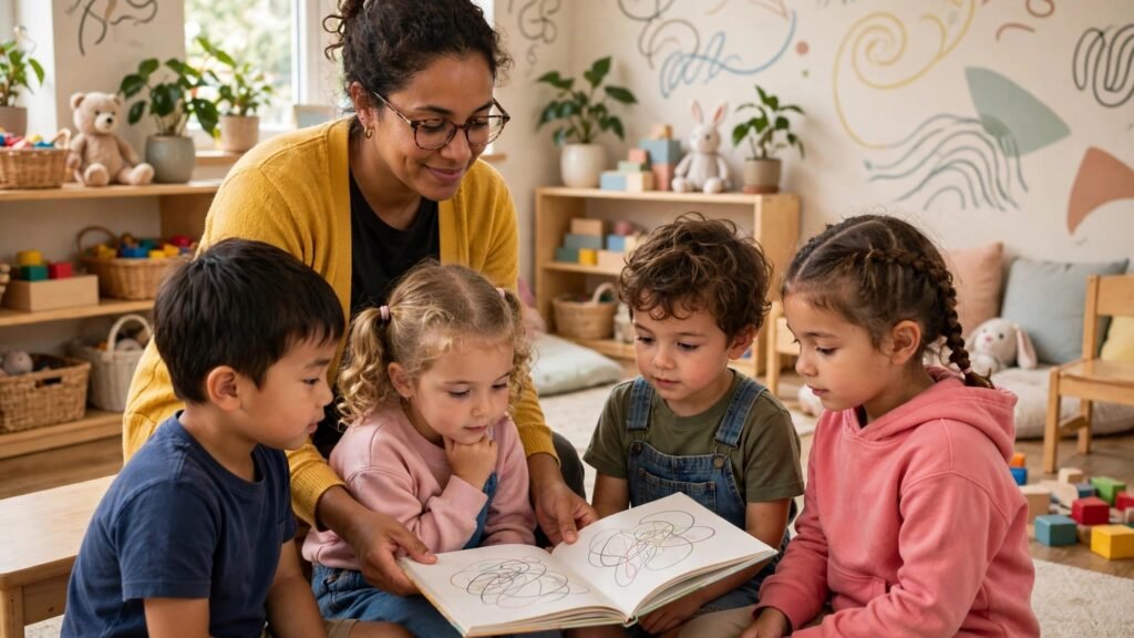 Educator reading with children in a bright daycare classroom