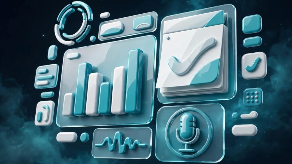 3D render of an EHR dashboard with a note panel and microphone icon
