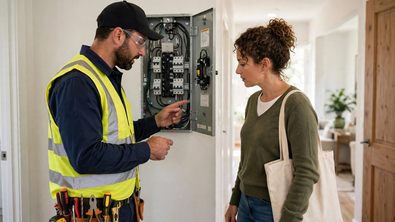 Electrician explaining completed work to a homeowner