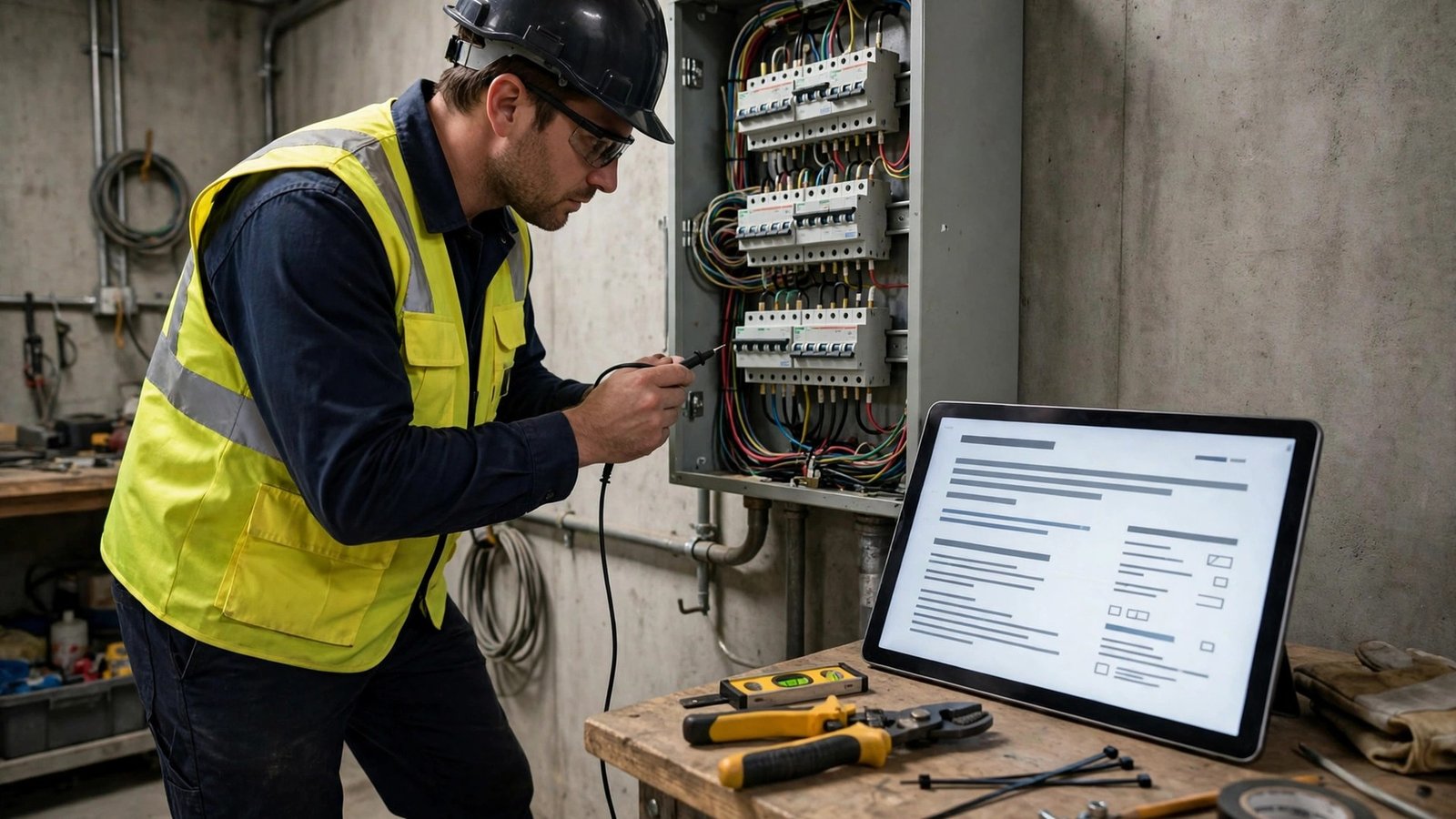 Electrician checking a panel with job details on a tablet