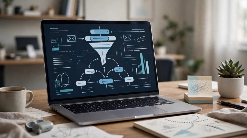 Email sequence and funnel diagram for a course launch