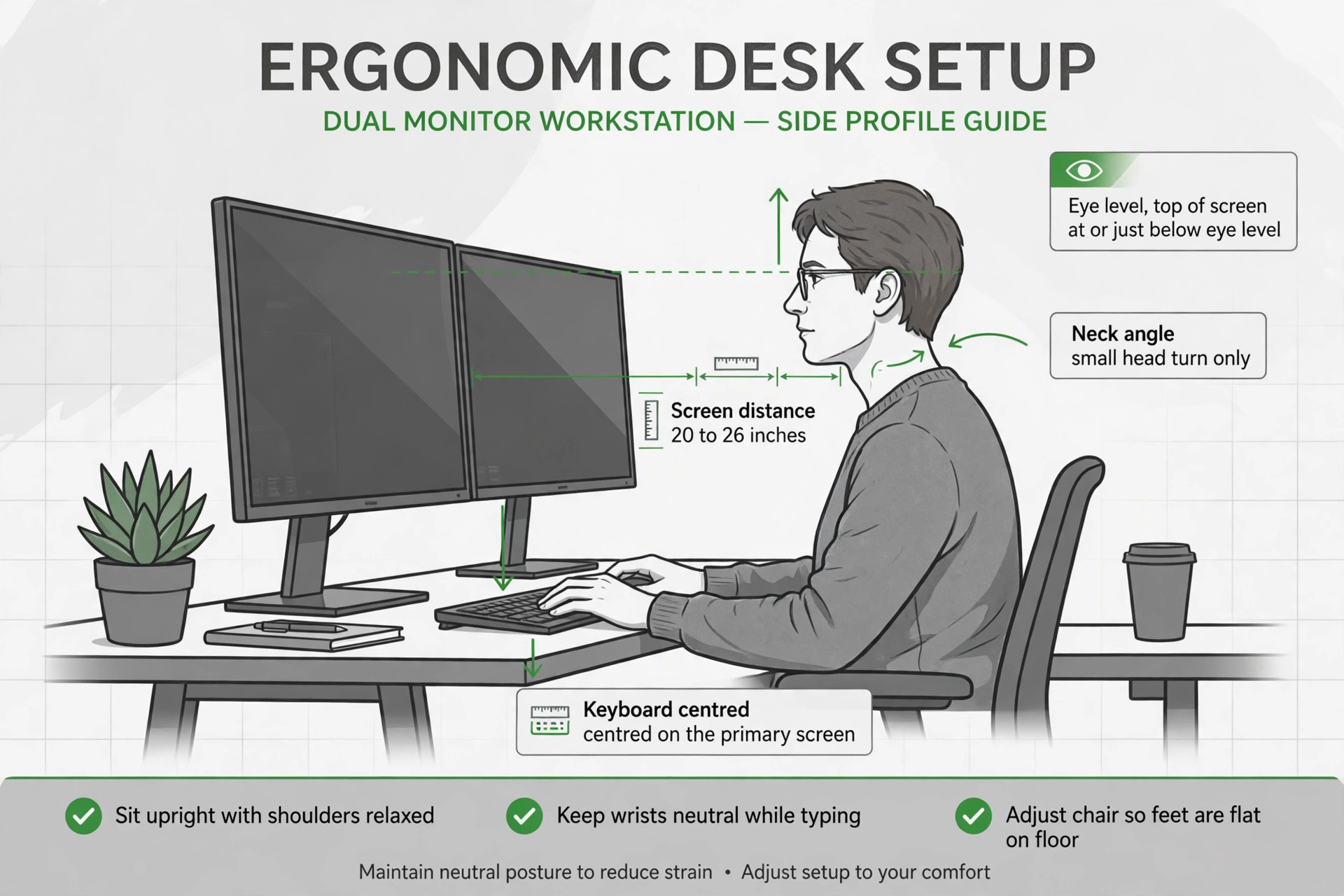 Annotated ergonomic dual monitor seating position
