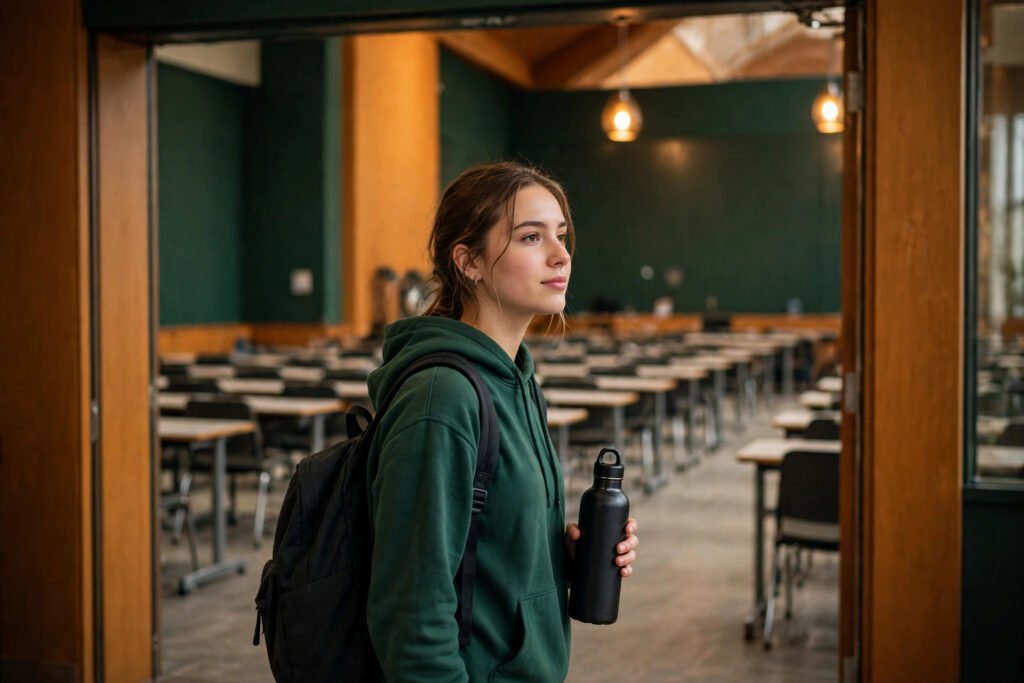 Editorial photo of a student arriving for an exam