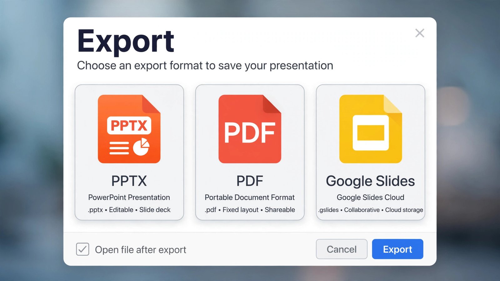 Export options in the best AI presentation makers
