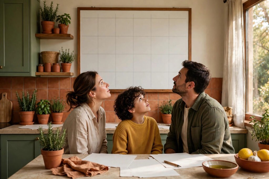 Editorial photo of a family checking a meal plan and calendar together in a kitchen