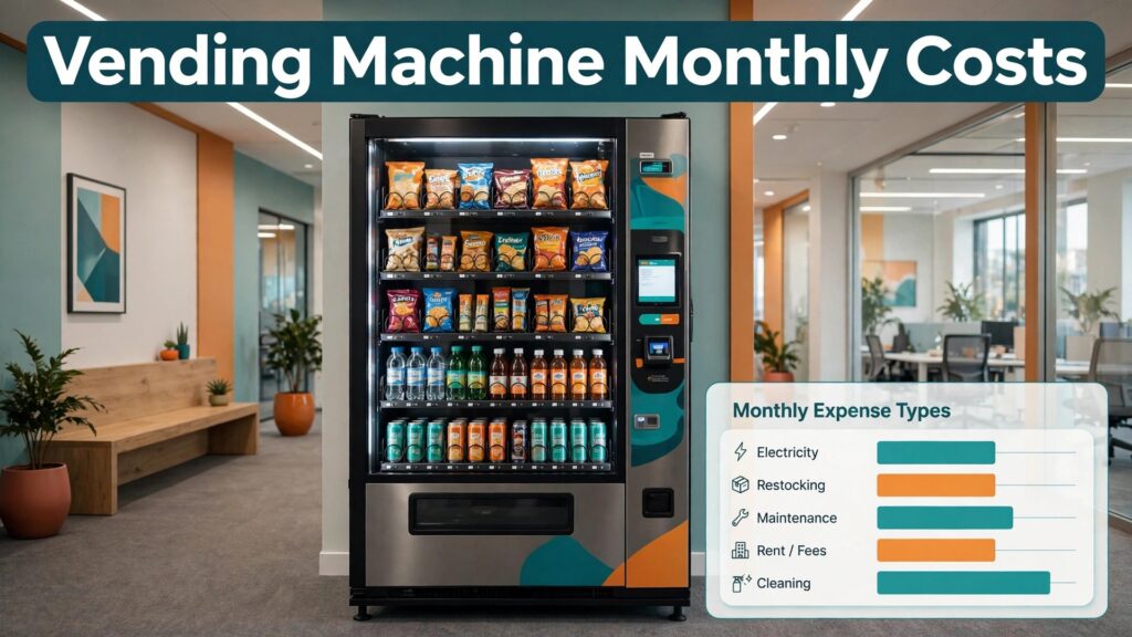 cost of running a vending machine business monthly thumbnail showing vending machine monthly costs by expense type and bold title text Vending Machine Monthly Costs