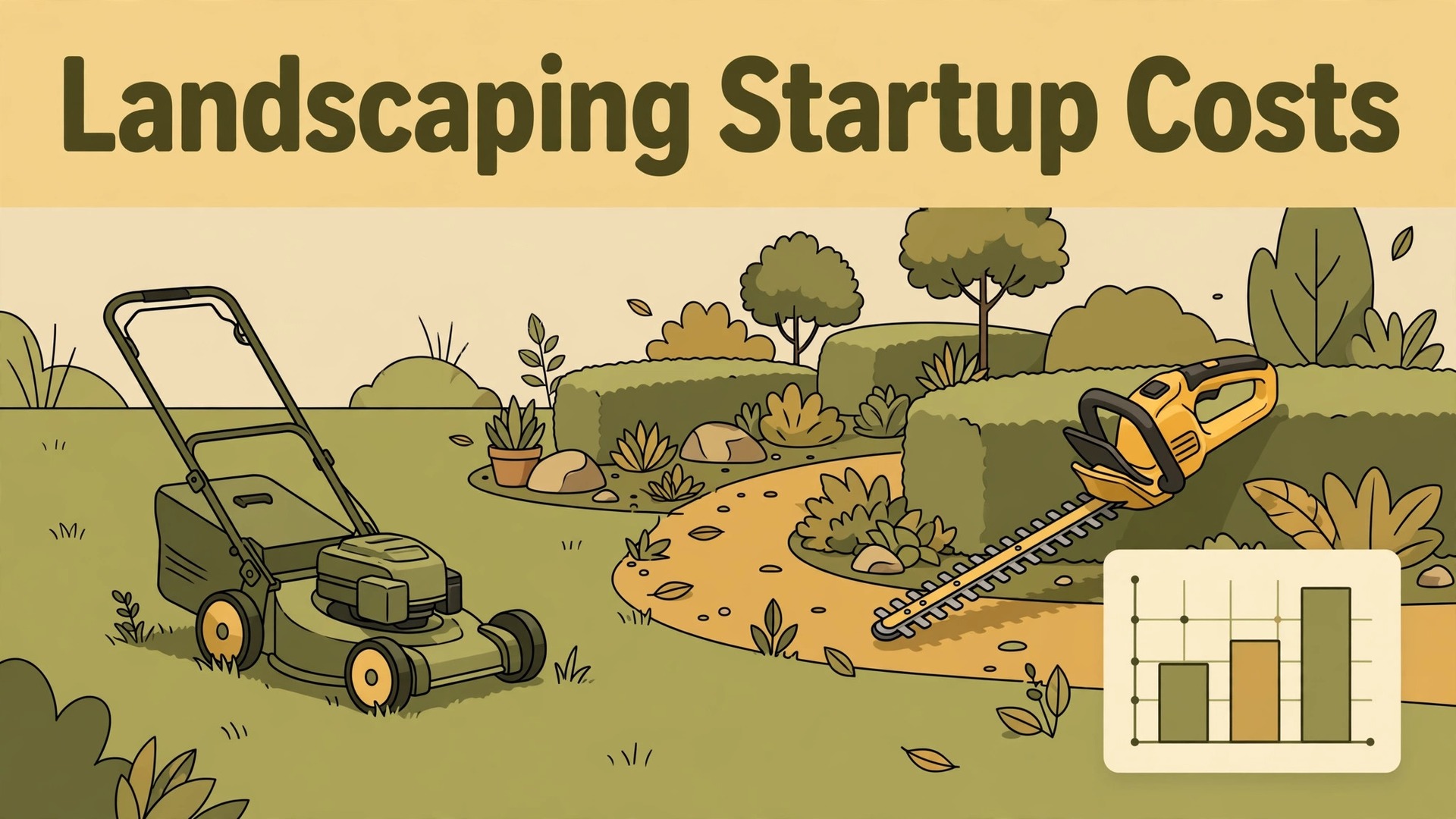 cost of starting a landscaping business breakdown thumbnail showing landscaping startup costs and bold title text Landscaping Startup Costs