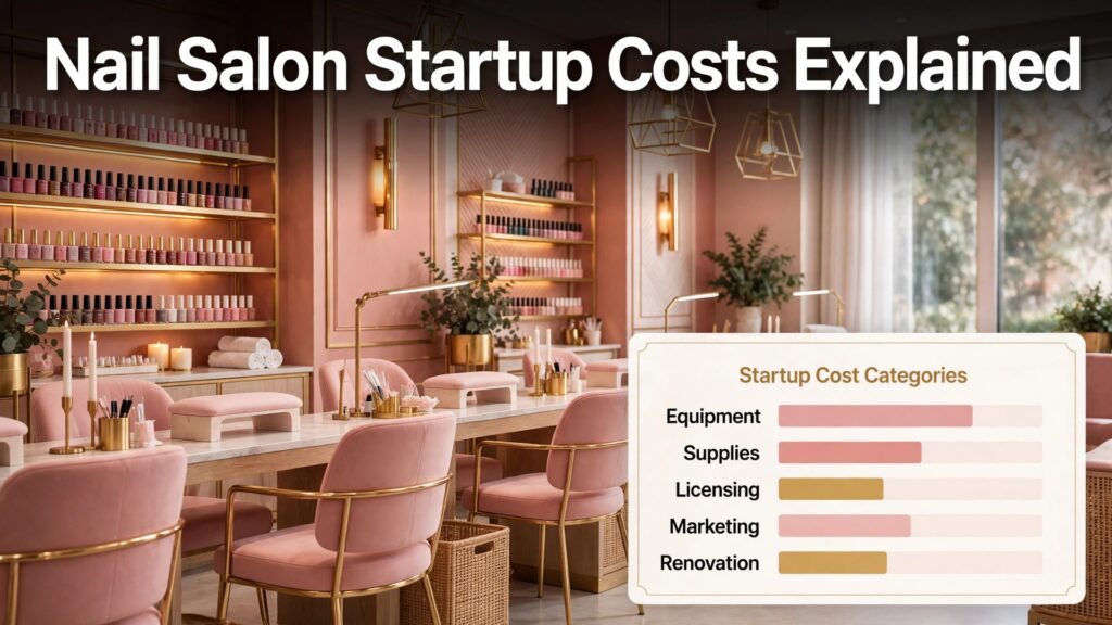 cost of starting a nail salon breakdown thumbnail showing nail salon startup cost categories and bold title text Nail Salon Startup Costs Explained