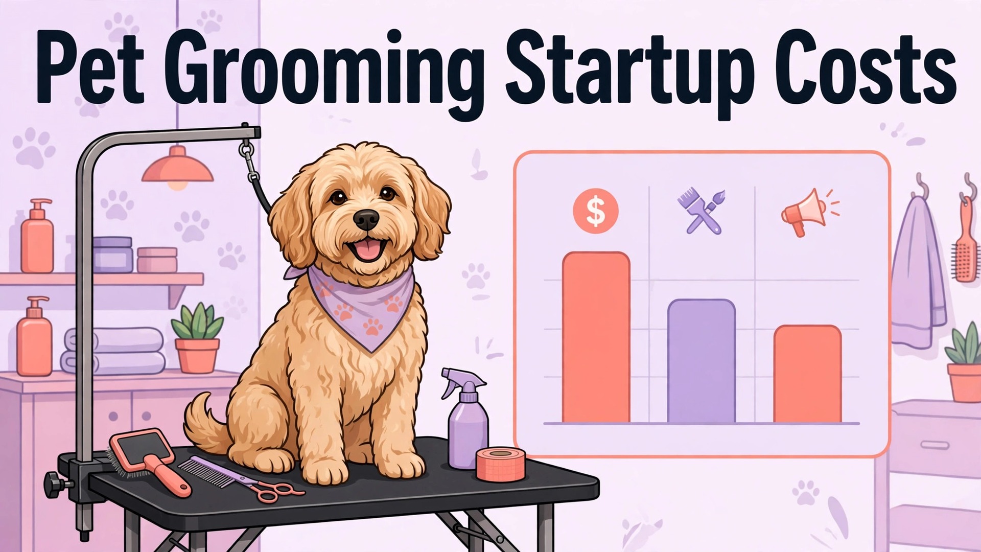 cost of starting a pet grooming business breakdown thumbnail showing pet grooming business startup costs and bold title text Pet Grooming Startup Costs