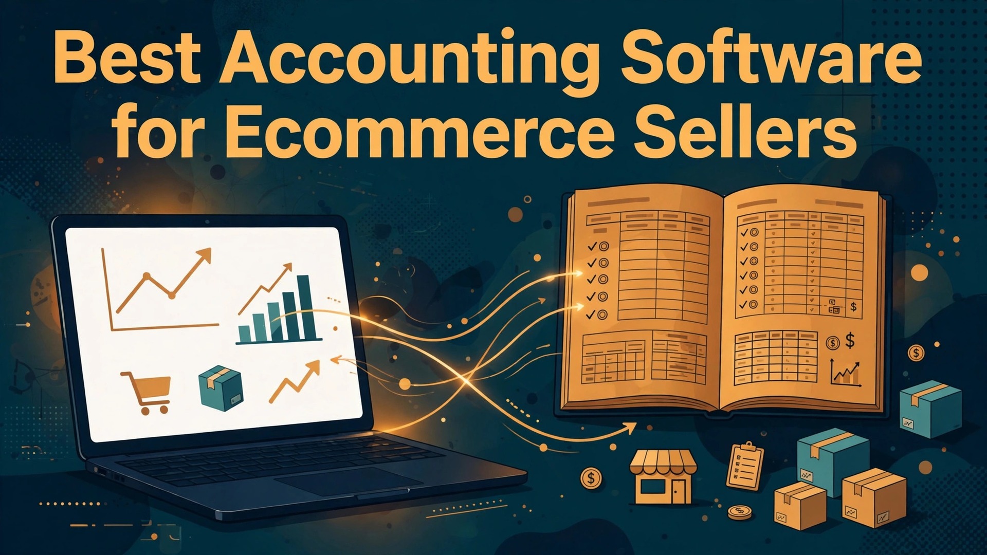 best accounting software for ecommerce sellers thumbnail showing a laptop store dashboard flowing into an open ledger and bold title text Best Accounting Software for Ecommerce Sellers