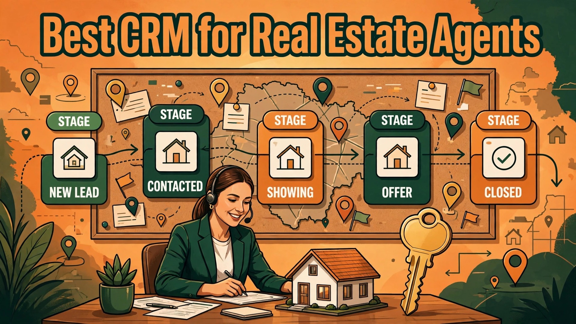 best CRM for real estate agents thumbnail showing an agent desk with a house model and pipeline board and bold title text Best CRM for Real Estate Agents