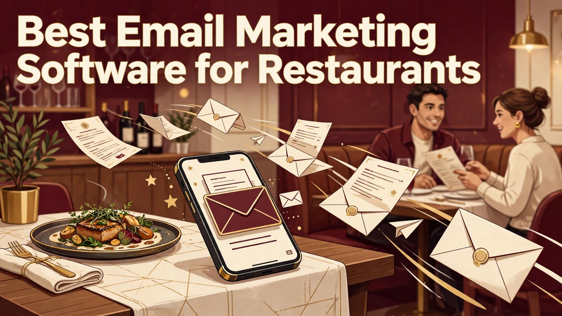 best email marketing software for restaurants thumbnail showing a restaurant table with a phone email envelope and bold title text Best Email Marketing Software for Restaurants