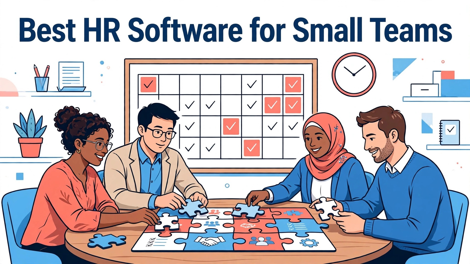 best HR software for small teams thumbnail showing a team completing a puzzle around a table and bold title text Best HR Software for Small Teams