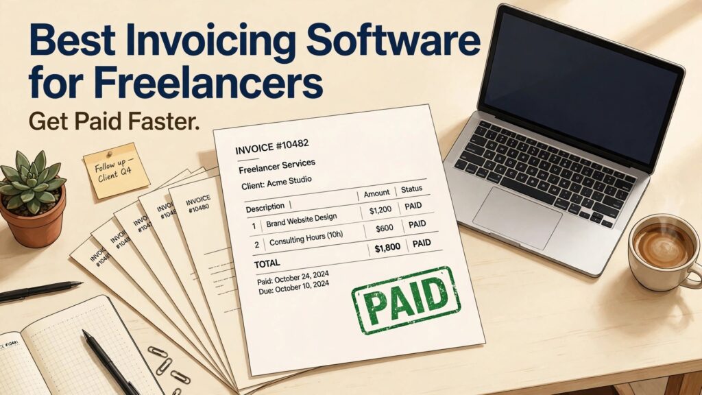 best invoicing software for freelancers thumbnail showing a desk invoice stamped PAID and bold title text Best Invoicing Software for Freelancers Get Paid Faster