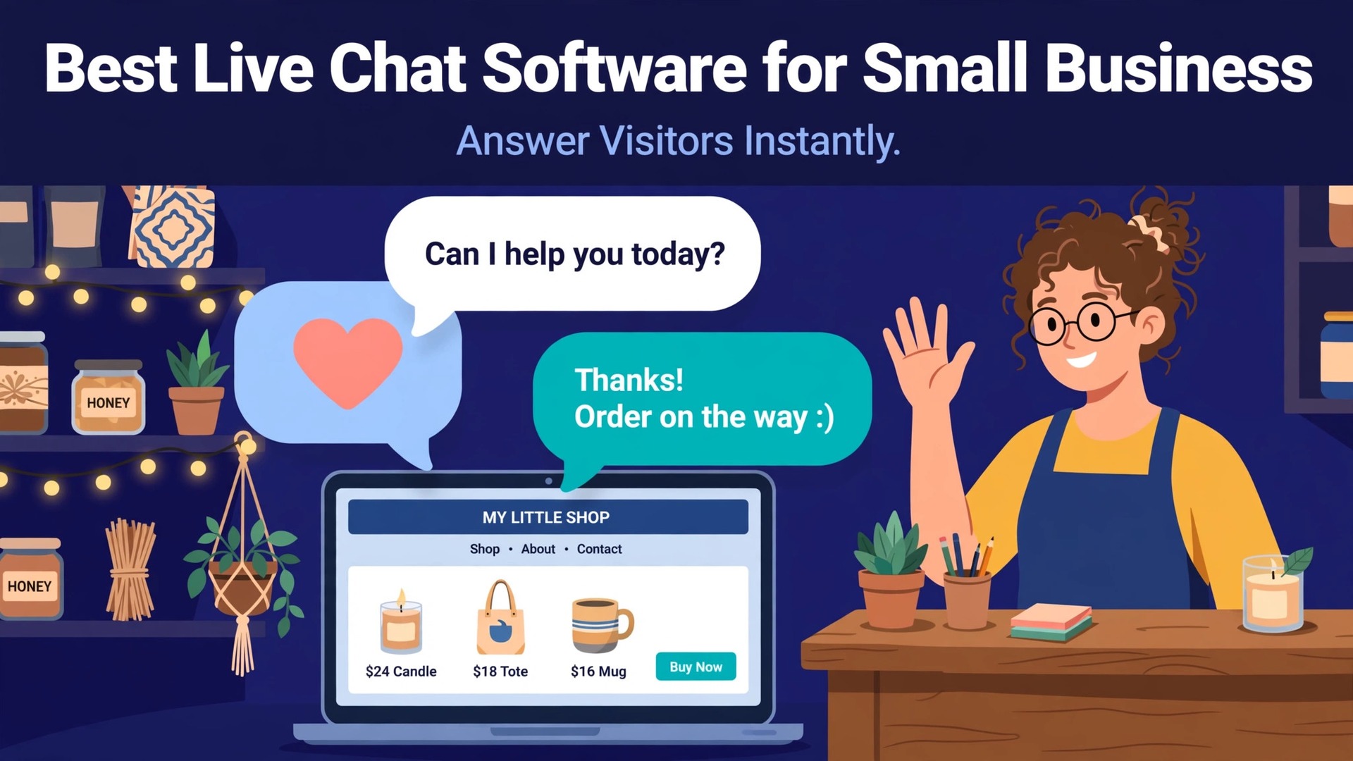 best live chat software for small business thumbnail showing a shop with chat bubbles and bold title text Best Live Chat Software for Small Business Answer Visitors Instantly