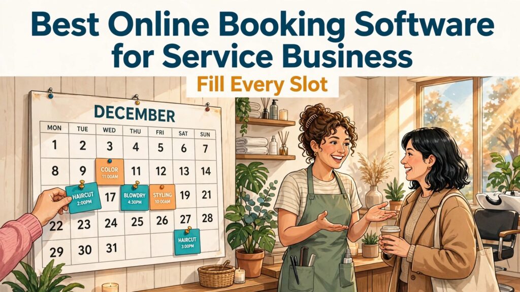 best online booking software for service business thumbnail showing a bright salon with a December wall calendar and bold title text Best Online Booking Software for Service Business Fill Every Slot