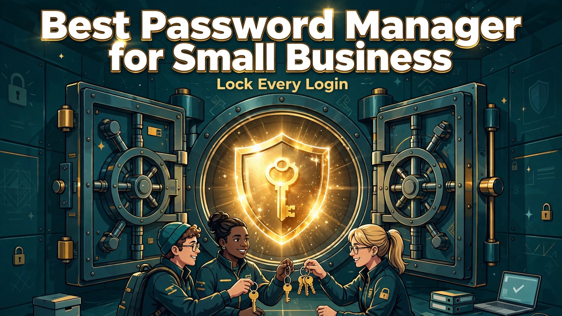 best password manager for small business thumbnail showing a dark-teal vault with a glowing shield and key and bold title text Best Password Manager for Small Business Lock Every Login
