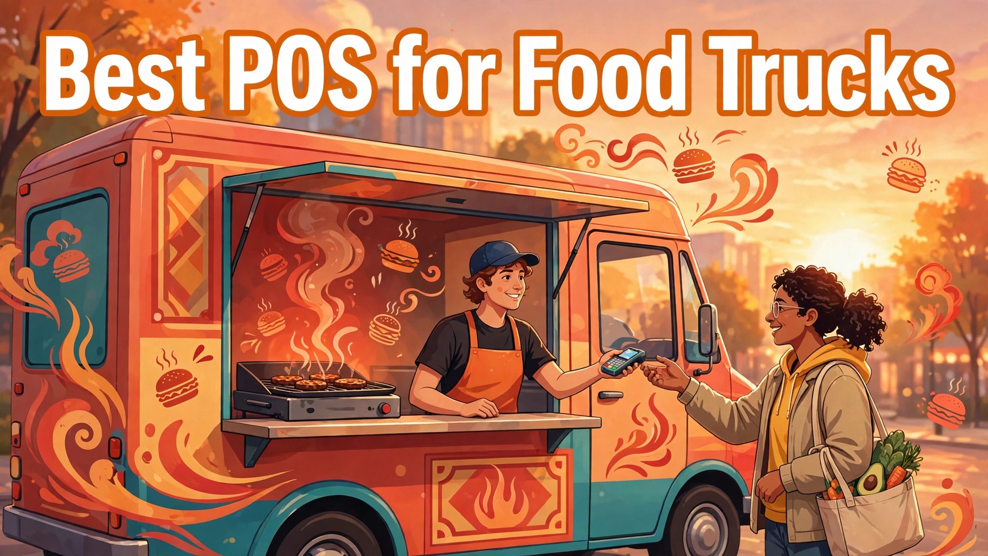 best POS system for food trucks thumbnail showing a sunset food-truck scene with a card terminal payment and bold title text Best POS for Food Trucks