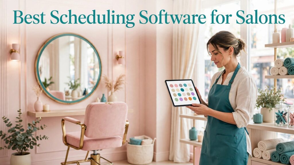 best scheduling software for salons thumbnail showing a bright salon with a stylist holding a tablet and bold title text Best Scheduling Software for Salons