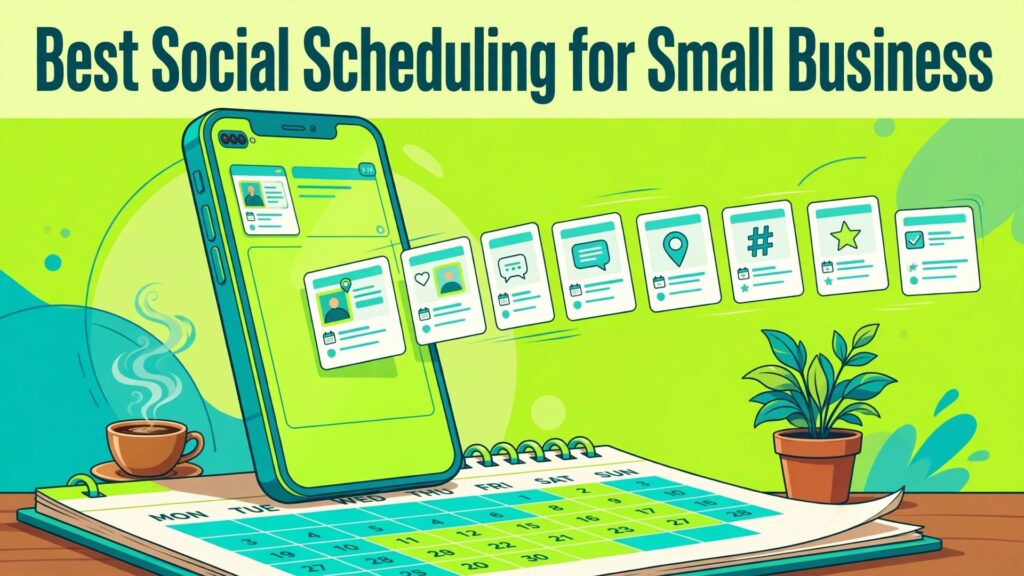 best social media scheduling tool for small business thumbnail showing a giant phone on a desk calendar with scheduled post cards and bold title text Best Social Scheduling for Small Business