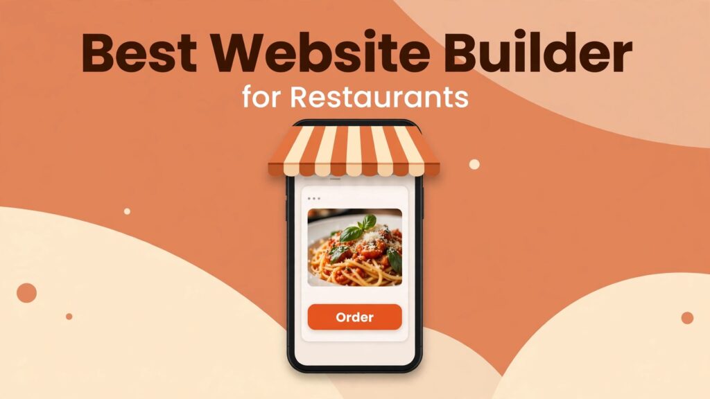 best website builder for restaurants thumbnail showing a phone restaurant site under a striped awning and bold title text Best Website Builder for Restaurants