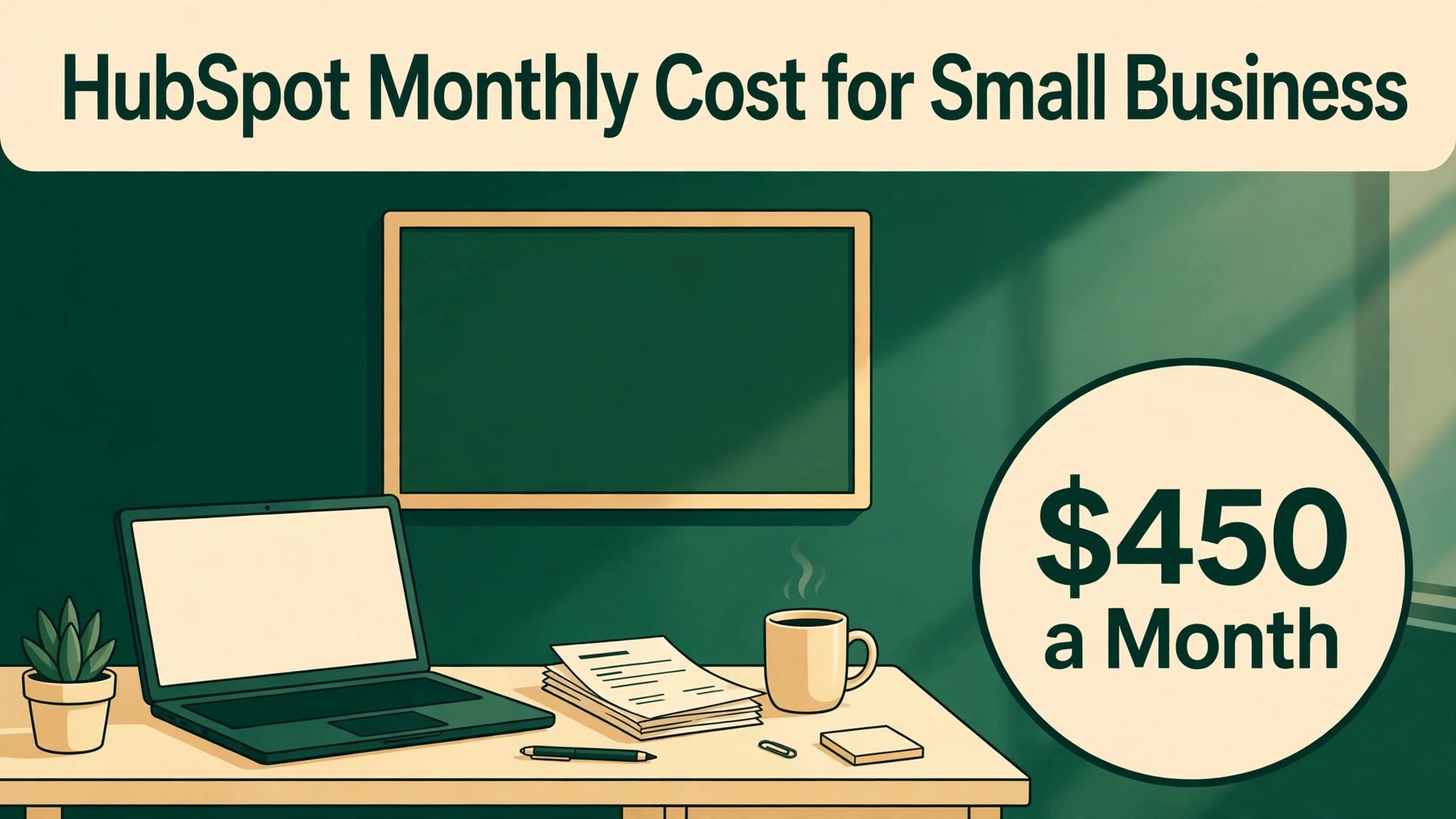 cost of HubSpot for small business monthly thumbnail showing a desk with laptop and papers and bold title text HubSpot Monthly Cost for Small Business