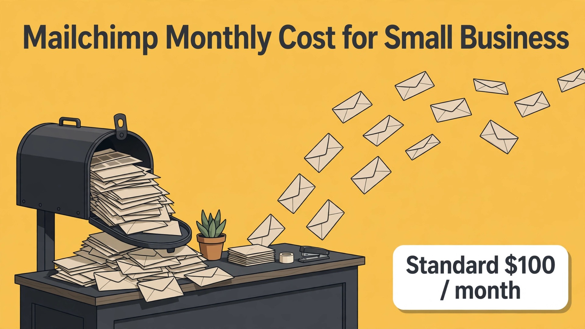 cost of Mailchimp for small business monthly thumbnail showing a mailbox overflowing with envelopes and bold title text Mailchimp Monthly Cost for Small Business
