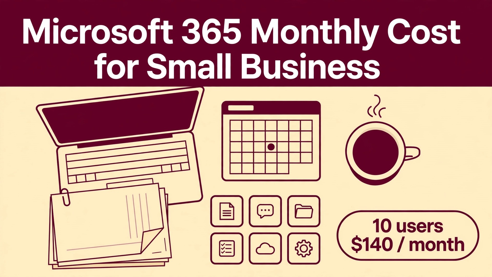 cost of Microsoft 365 for small business monthly thumbnail showing a laptop calendar and app icons and bold title text Microsoft 365 Monthly Cost for Small Business