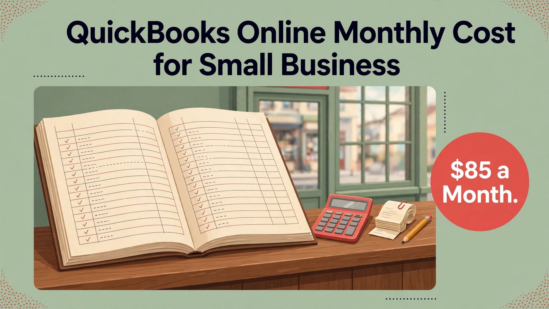 cost of QuickBooks Online for small business monthly thumbnail showing an open ledger with calculator and bold title text QuickBooks Online Monthly Cost for Small Business