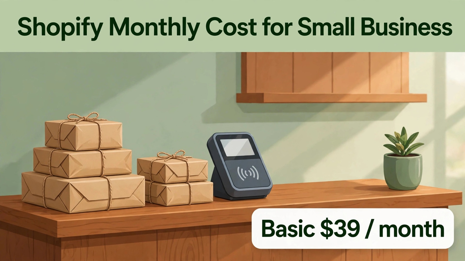 cost of Shopify for small business monthly thumbnail showing parcels and a card terminal on a shop counter and bold title text Shopify Monthly Cost for Small Business