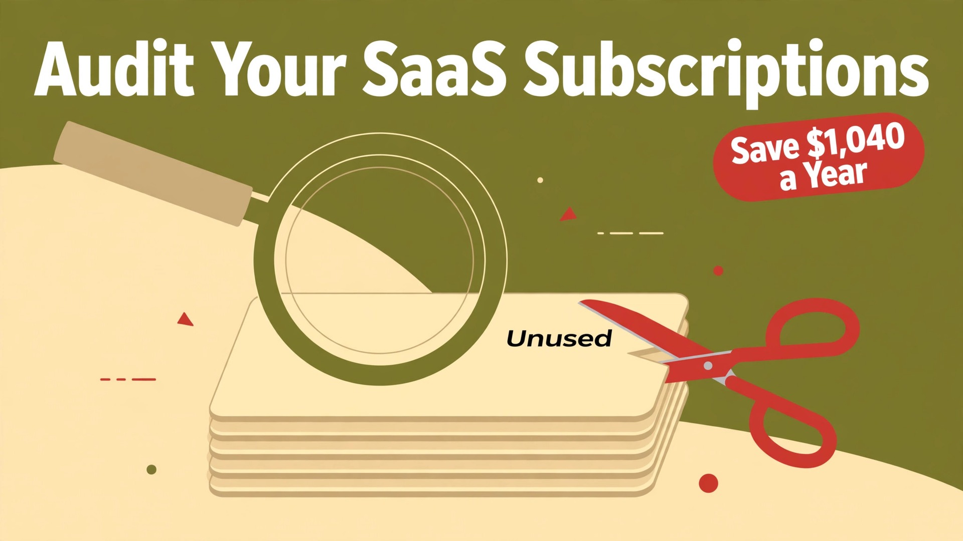 how to audit SaaS subscriptions small business thumbnail showing a magnifier over cards with scissors cutting an unused card and bold title text Audit Your SaaS Subscriptions