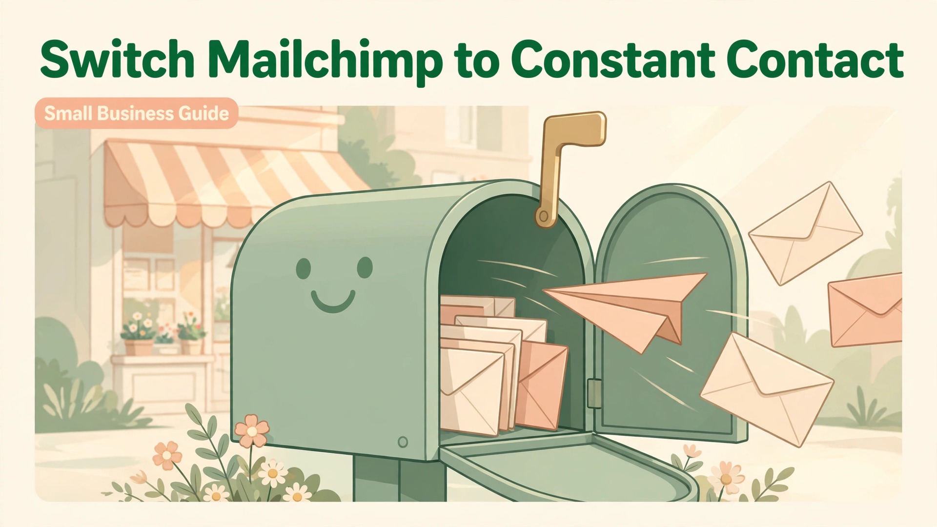 switch Mailchimp to Constant Contact small business thumbnail showing a smiling mailbox with flying envelopes and bold title text Switch Mailchimp to Constant Contact
