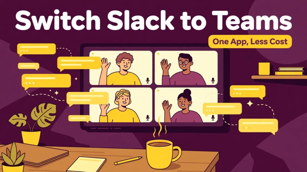 switch Slack to Microsoft Teams small business thumbnail showing a video-call grid with chat bubbles and bold title text Switch Slack to Teams