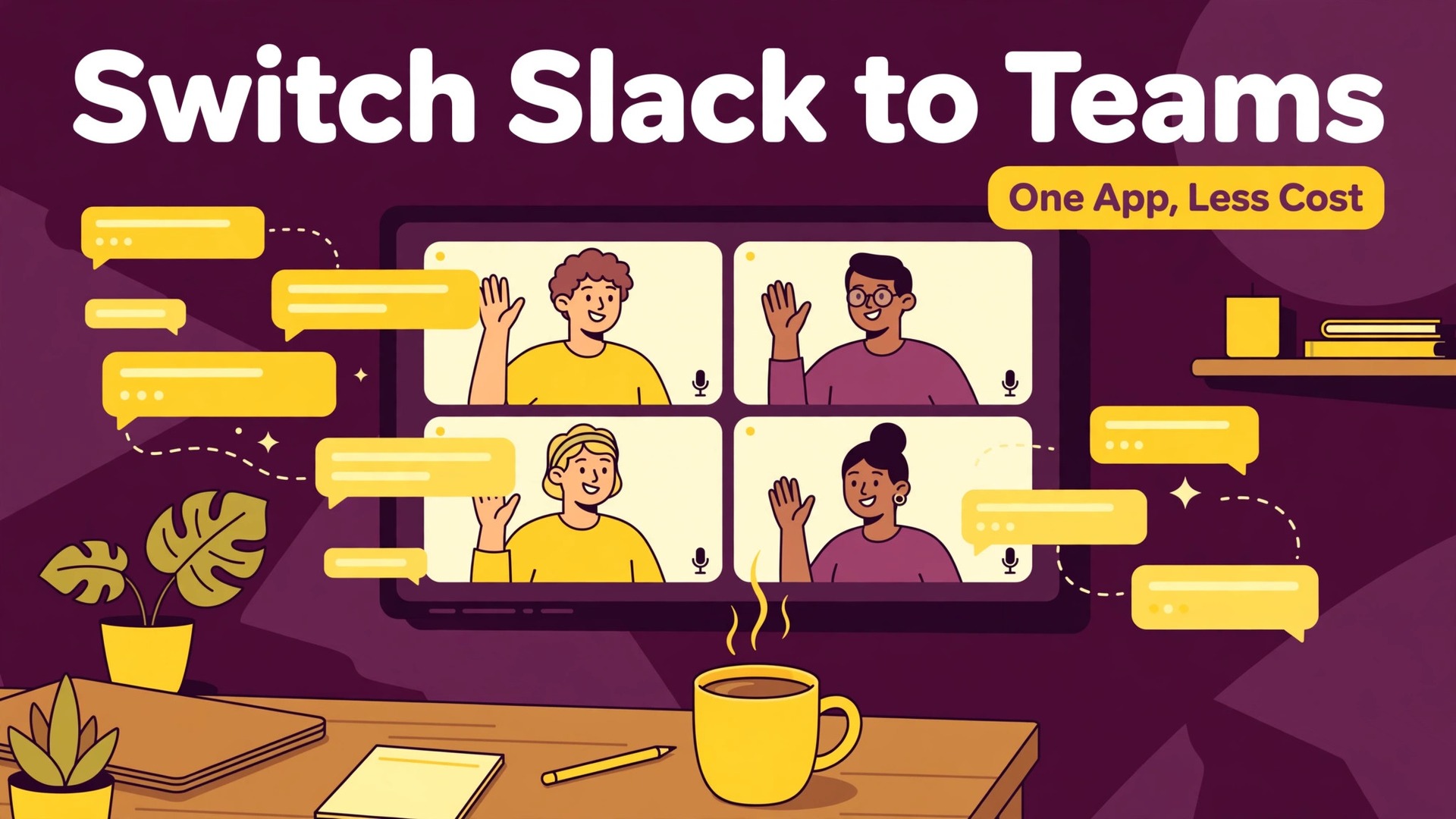 switch Slack to Microsoft Teams small business thumbnail showing a video-call grid with chat bubbles and bold title text Switch Slack to Teams