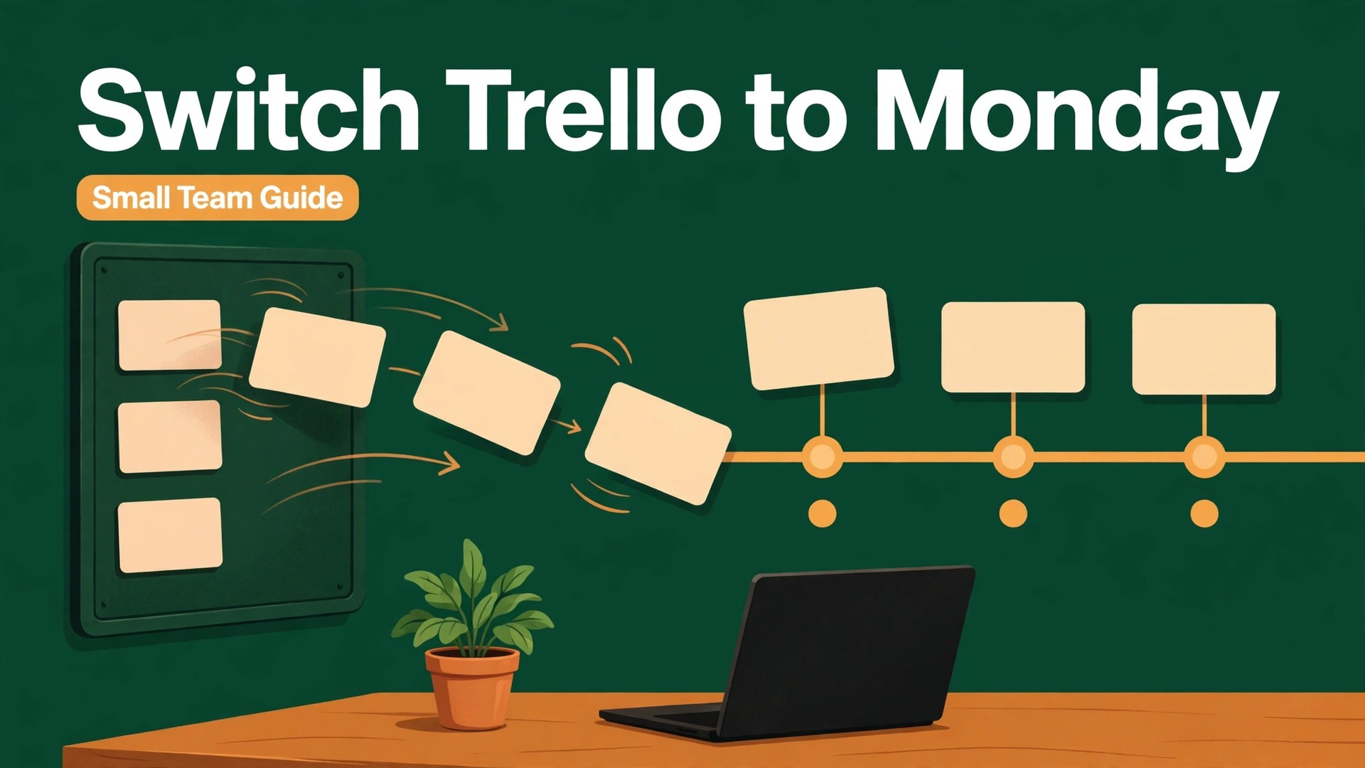 switch Trello to Monday small team thumbnail showing cards flying from a board to a timeline and bold title text Switch Trello to Monday