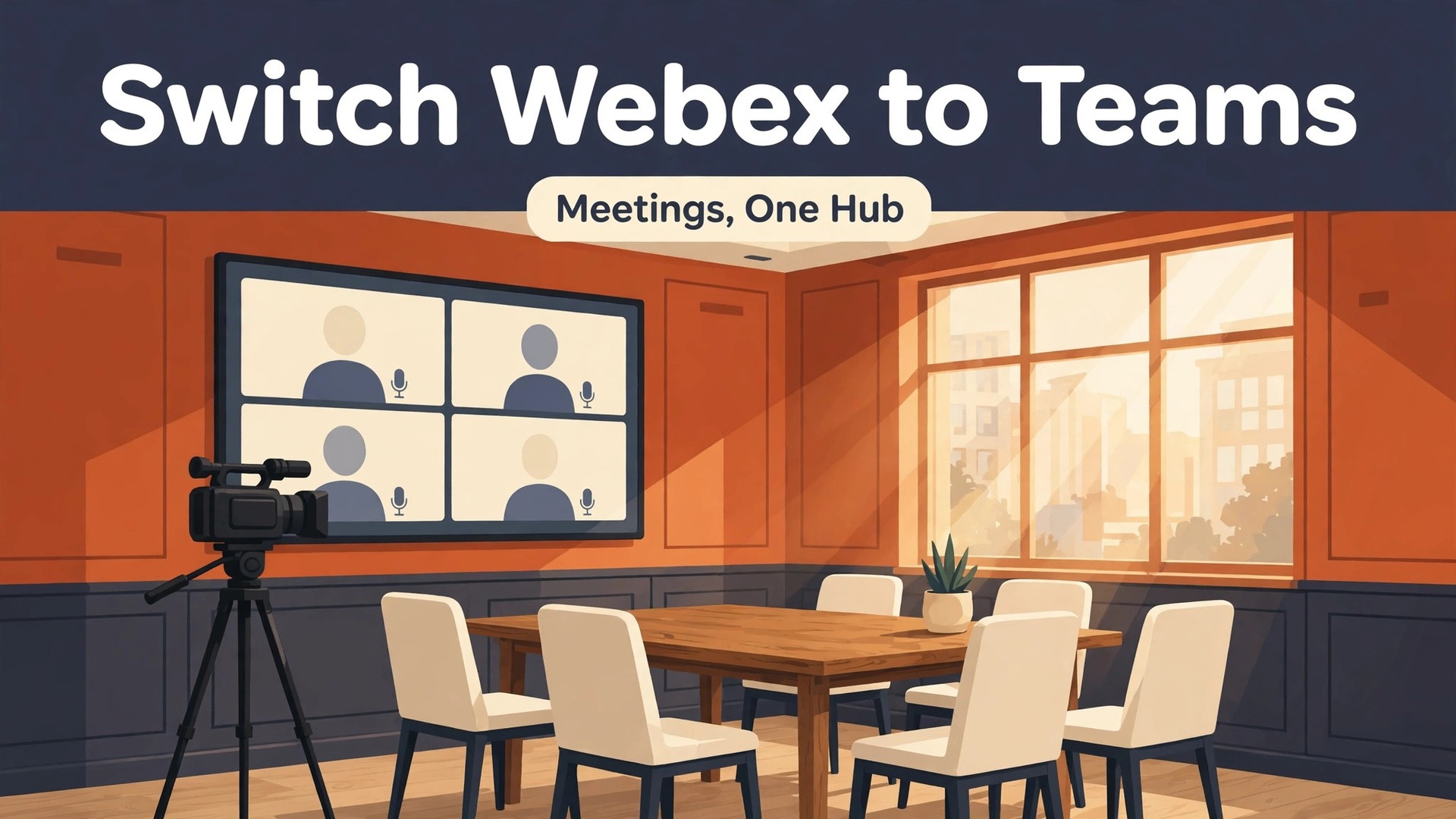 switch Webex to Microsoft Teams small business thumbnail showing a conference room with a wall video screen and bold title text Switch Webex to Teams