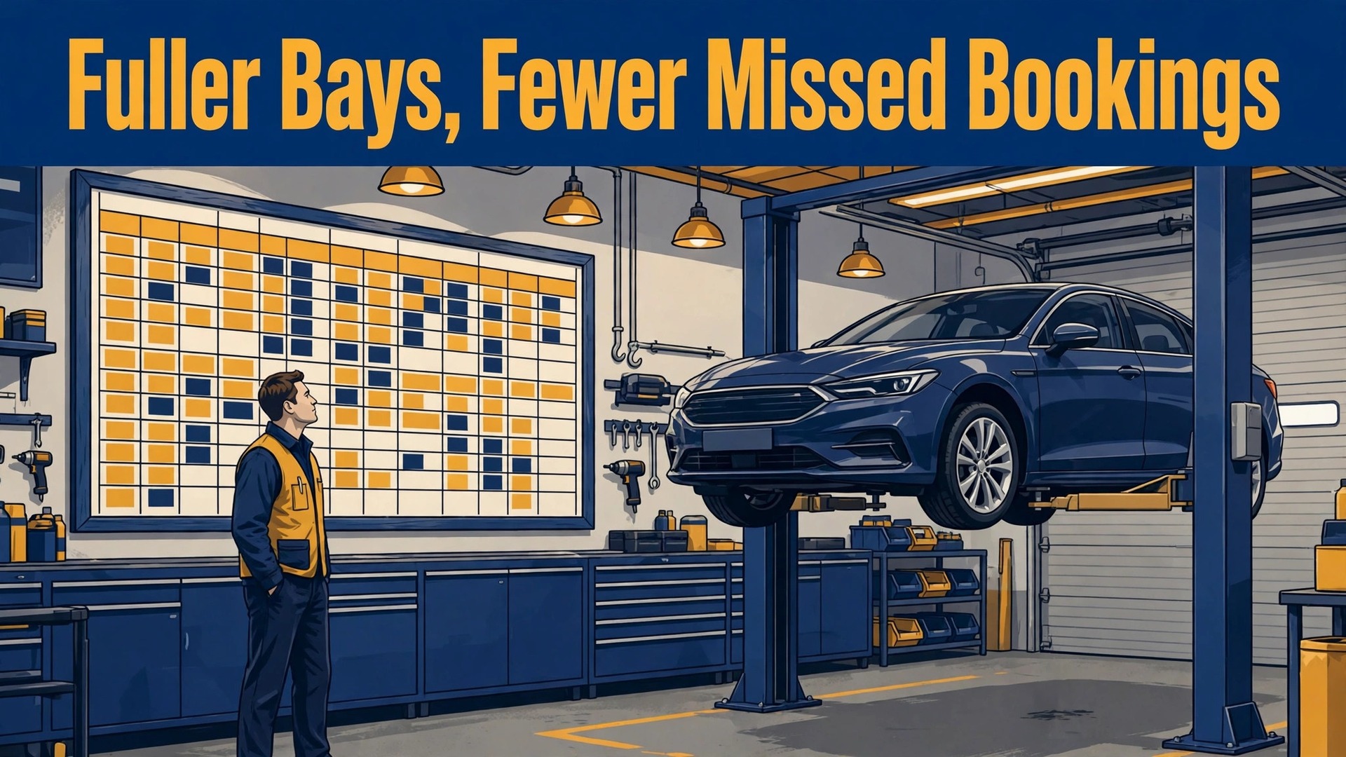 use AI for auto repair shop scheduling thumbnail showing a car on a lift beside a schedule board and bold title text Fuller Bays, Fewer Missed Bookings