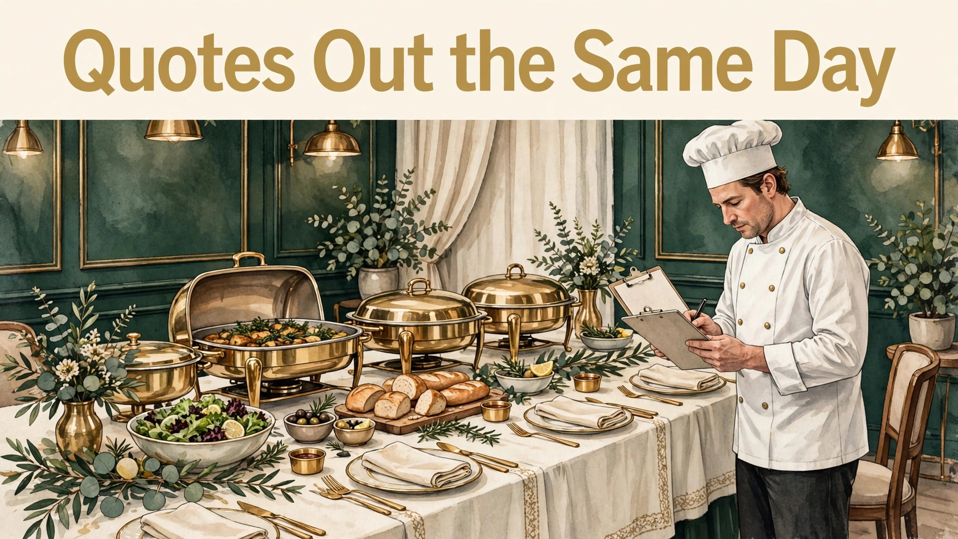 use AI for catering business quote estimates thumbnail showing a chef reviewing a quote sheet beside a banquet table and bold title text Quotes Out the Same Day