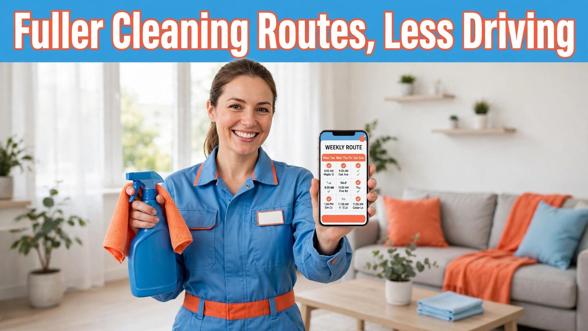 use AI for cleaning business scheduling thumbnail showing a cleaner holding a spray bottle and phone showing a weekly route and bold title text Fuller Cleaning Routes, Less Driving