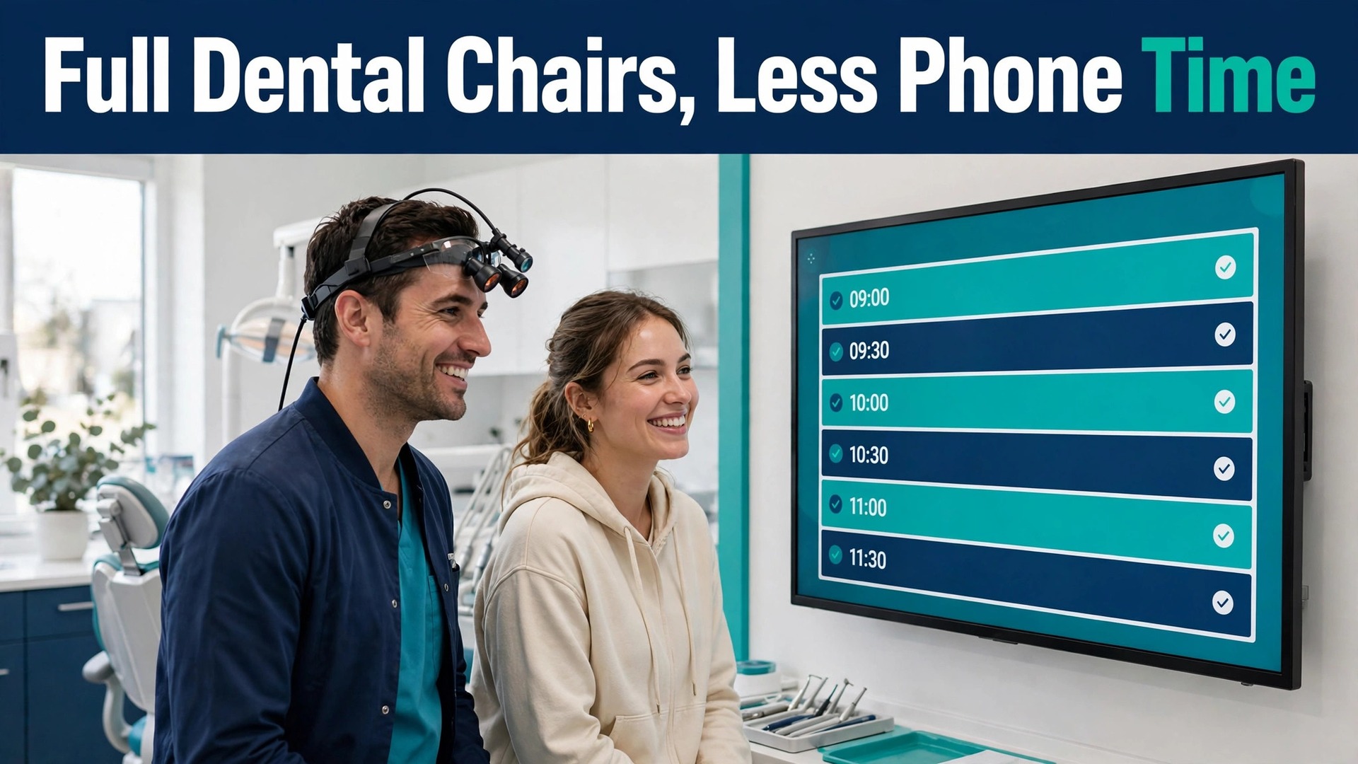 use AI for dental clinic appointment scheduling thumbnail showing a dentist and patient beside a filled schedule screen and bold title text Full Dental Chairs, Less Phone Time