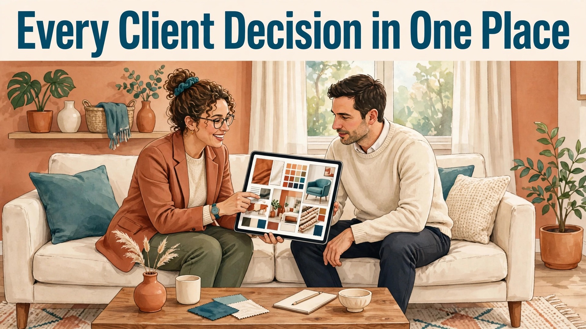 use AI for interior design business client management thumbnail showing a designer showing a client a mood board on a tablet and bold title text Every Client Decision in One Place