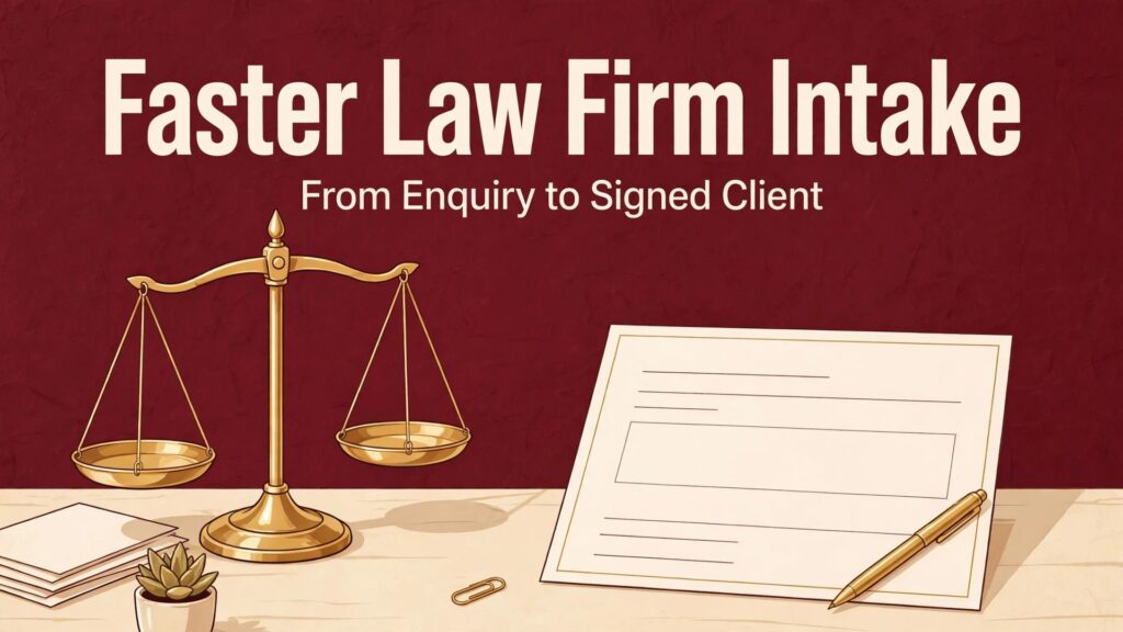 use AI for law firm client intake thumbnail showing scales beside an intake form and bold title text Faster Law Firm Intake