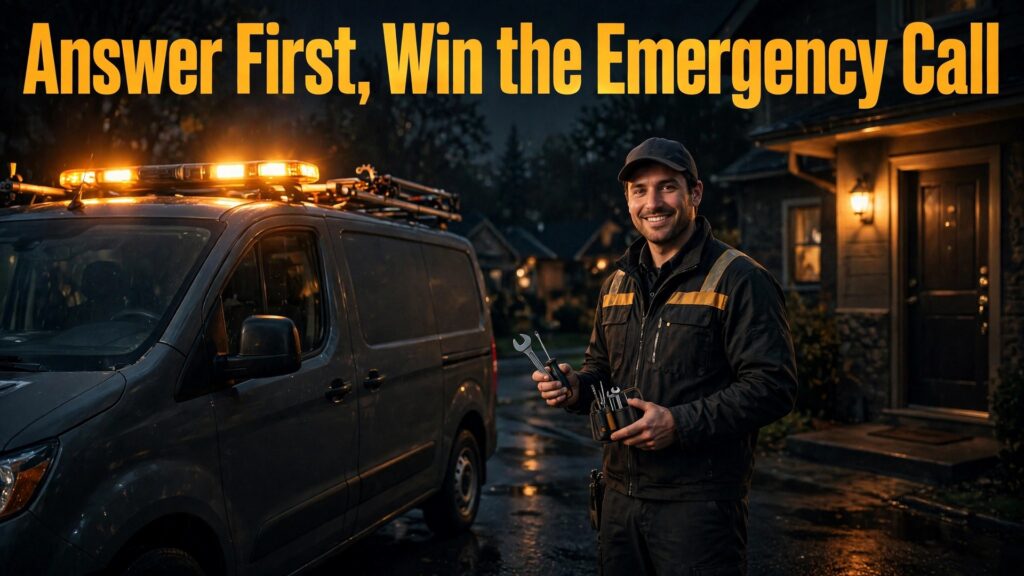 use AI for locksmith business job scheduling thumbnail showing a locksmith beside his van with amber lights at a house door at night and bold title text Answer First, Win the Emergency Call