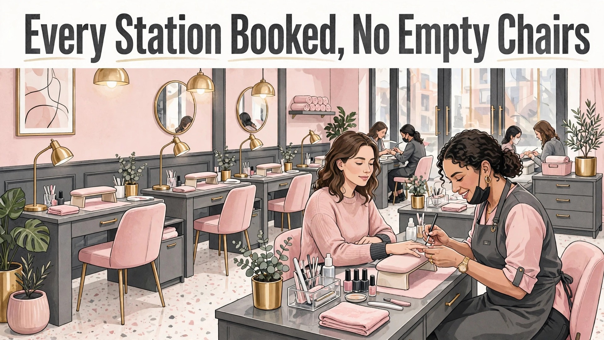 use AI for nail salon booking management thumbnail showing busy modern salon stations and bold title text Every Station Booked, No Empty Chairs