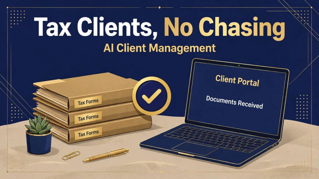 use AI for tax preparation business client management thumbnail showing a portal laptop with tax folders and a checkmark badge and bold title text Tax Clients, No Chasing