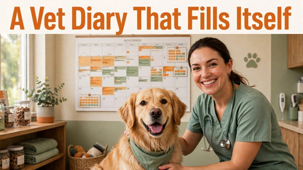 use AI for veterinary clinic booking management thumbnail showing a vet with a dog in front of a filled wall calendar and bold title text A Vet Diary That Fills Itself