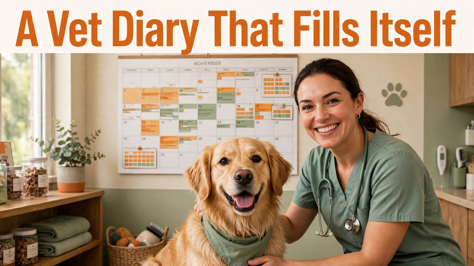 use AI for veterinary clinic booking management thumbnail showing a vet with a dog in front of a filled wall calendar and bold title text A Vet Diary That Fills Itself
