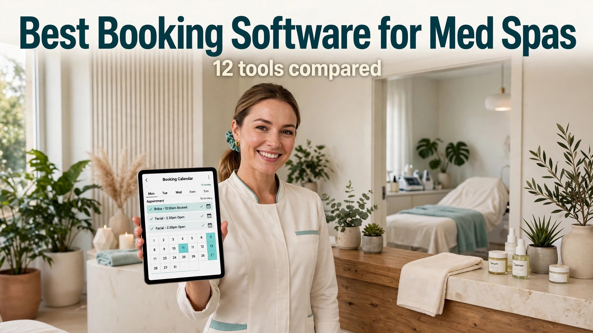 Thumbnail for the Best Booking Software for Med Spas guide showing a clinic booking screen