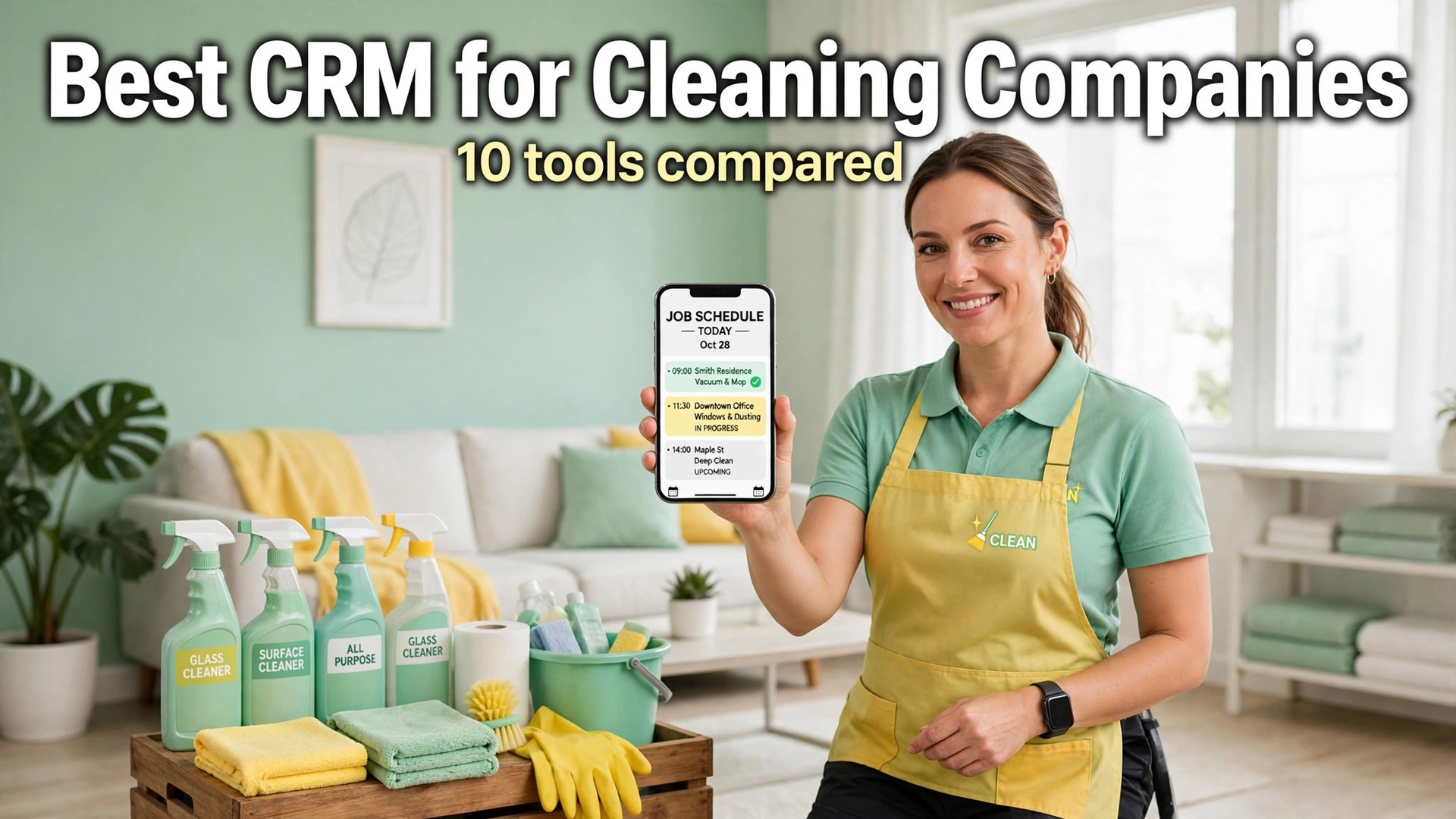 Thumbnail for the Best CRM for Cleaning Companies guide showing cleaning tools compared on one screen