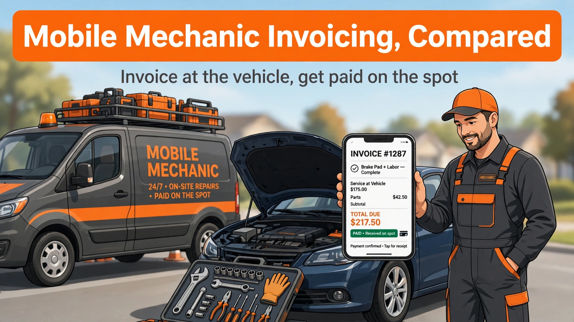 best invoicing software for mobile mechanics thumbnail: Thumbnail for the mobile mechanic invoicing guide showing phone invoicing tools compared
